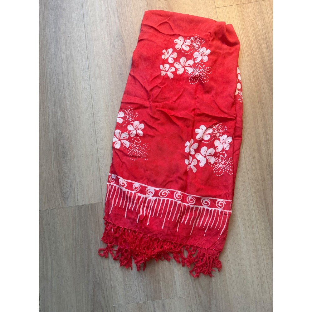 Red Floral Hibiscus Print Sarong Wrap Beach Cover Up with Fringe Trim